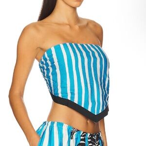 Striped Blue Bandeau Crop Top with Black Trim